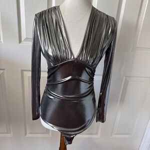 Womens Silver Bodysuit Sz Small 90s Y2K Party Holiday Plunge Metallic